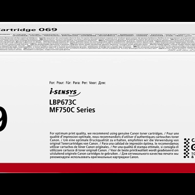 Embalagem de cartucho toner Canon 069 para impressoras i-SENSYS com texto e código de barras.