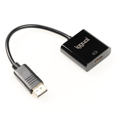 Cabo conversor HDMI preto com conector de metal e entrada DisplayPort