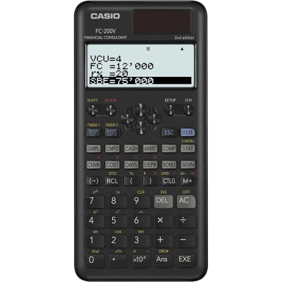 Calculadora financeira Casio FC-200V preta com visor LCD e teclado várias funções
