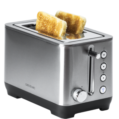 Torradeira metálica prateada com duas fatias de pão tostado