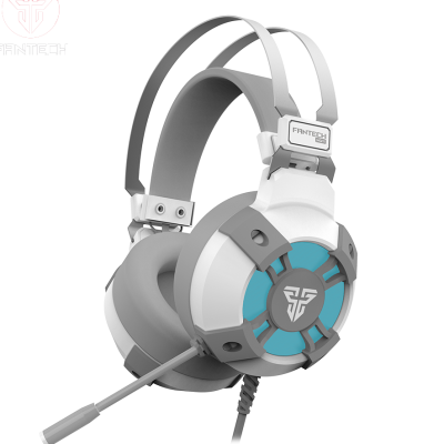 Auscultadores gaming Fantech brancos, cinzentos e azuis com microfone
