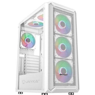 Computador de secretária com caixa branca UNYKA, ventiladores RGB e painel em vidro e malha