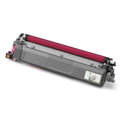 cartucho de toner magenta com corpo cinza e instruções ilustradas na lateral