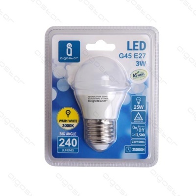 Lâmpada LED branca quente G45 E27 3W em embalagem azul