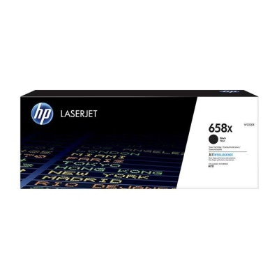 Caixa de toner HP LaserJet 658X preto com texto e design colorido