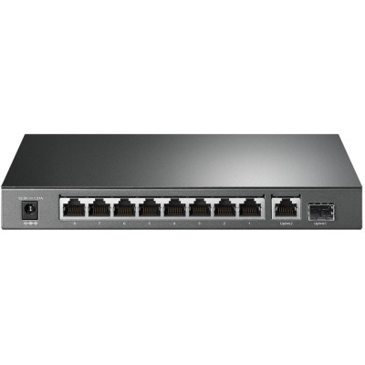 Switch de rede cinzento com 8 portas RJ-45 e duas portas uplink