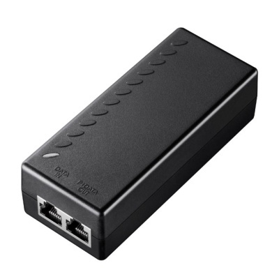 Dispositivo preto retangular com portas RJ45 e etiquetas DATA IN e DATA OUT