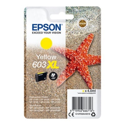 Cartucho de tinta amarelo Epson 603 XL em embalagem com estrela-do-mar