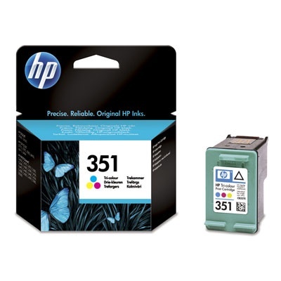 Cartucho de tinta HP 351 Tri-color em embalagem preta e azul com borboletas