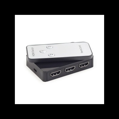 Comutador HDMI preto com topo branco e botões numerados sobre fundo branco