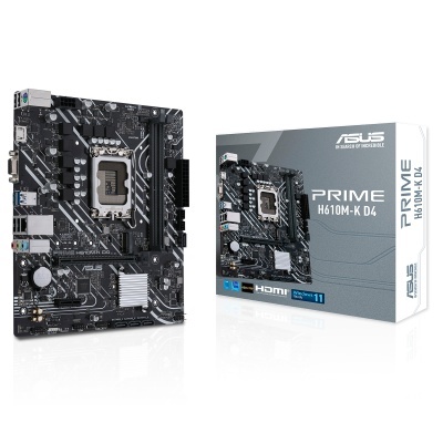 Placa-mãe ASUS PRIME H610M-K D4 e sua caixa cinza correspondente