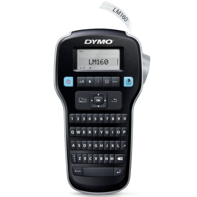 Rotuladora DYMO preta com ecrã e teclado QWERTY e etiqueta LM160