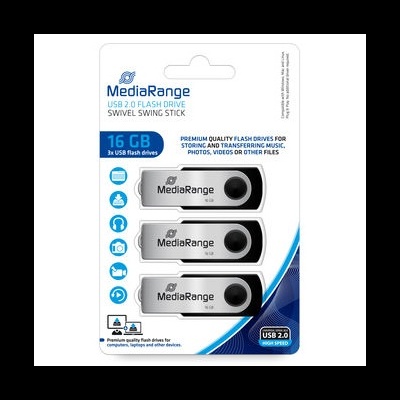 Embalagem com três pen drives USB 2.0 MediaRange 16 GB em branco e preto