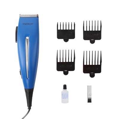 Máquina de cortar cabelo azul com pentes e acessórios