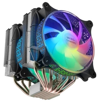 Ventoinha de computador RGB MARS GAMING com estrutura preta, aletas metálicas e tubos de cobre