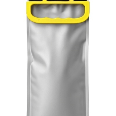 Saco impermeável cinzento com fecho de plástico preto e alça amarela
