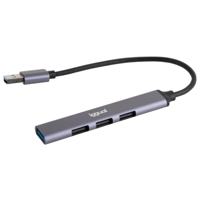 Hub USB cinza com três portas tipo A, cabo curto e marca iggual
