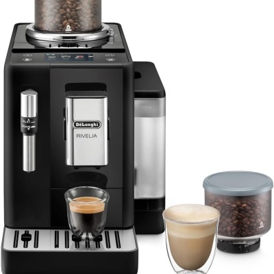 Máquina de café DeLonghi RIVELIA preta com triturador e duas chávenas de café