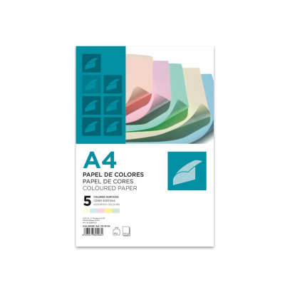 Pacote de papel A4 colorido com 5 cores sortidas visíveis