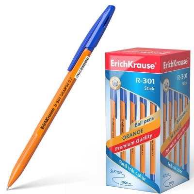 Caneta de esferográfica laranja ErichKrause R-301 com tampa azul e embalagem