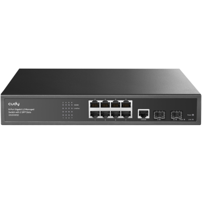 Comutador de rede preto Cudy com 8 portas e 2 ranhuras SFP