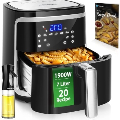 fritadeira elétrica preta Aigostar com batatas fritas, painel digital e acessórios