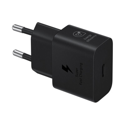 Carregador de parede preto com texto e símbolo de eficiência energética