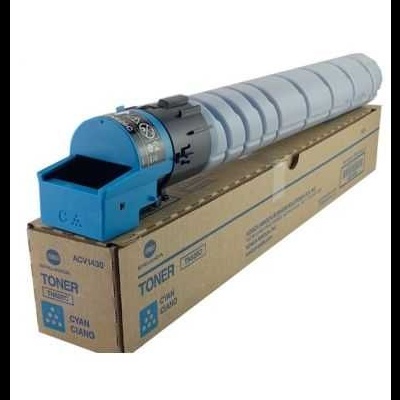 Toner de impressora com cilindro cinza claro e tampa azul em cima de caixa de cartão