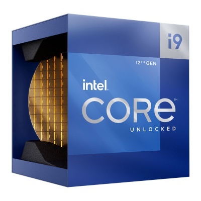 Embalagem azul de processador Intel Core i9 12ª geração com peça dourada exposta
