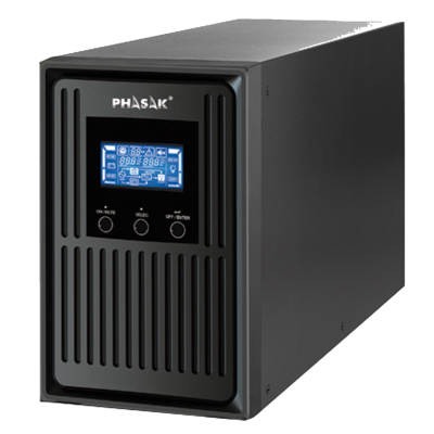 Computador preto PHASAK com ecrã azul e três botões na frente