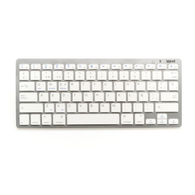 Teclado sem fios compacto branco com estrutura cinzenta e marca iggual