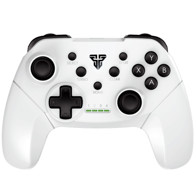 Comando de videojogos branco com botões pretos e texto em português