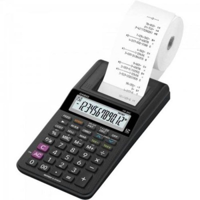 Calculadora de impressão preta CASIO HR-100TC com papel branco impresso