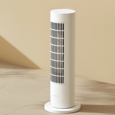 Aparelho branco tipo torre com grelha vertical preta