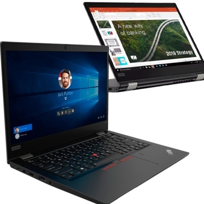 Dois portáteis Lenovo ThinkPad, um com ecrã de login e outro com apresentação PowerPoint visível.
