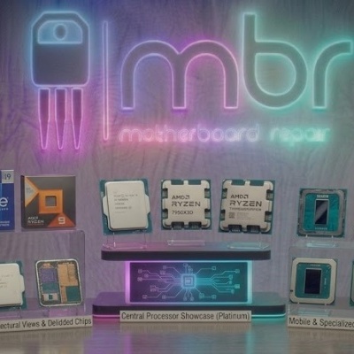 Mesa com vários tipos de processadores de computador e etiquetas de categorias, duas cadeiras ao fundo com logótipos NZXT e Fractal