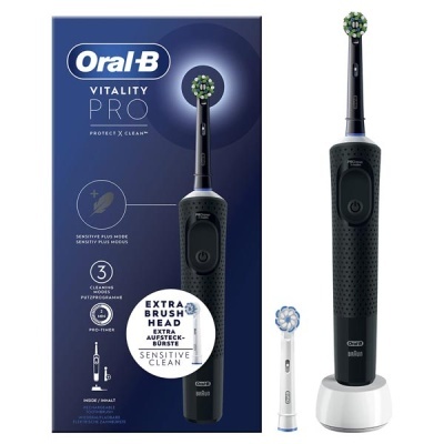 Escova de dentes elétrica Oral-B Vitality Pro preta com cabeça extra e embalagem azul