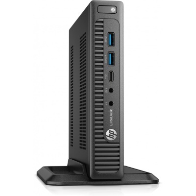 Computador compacto preto HP EliteDesk em pé com portas USB frontais