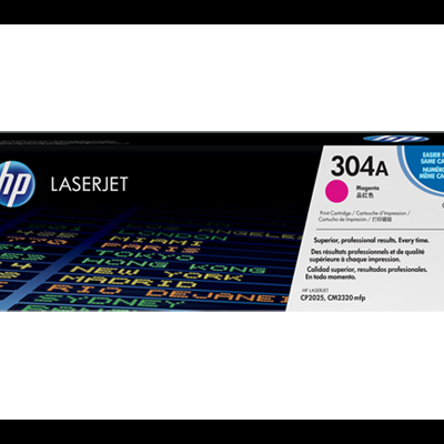 Tinteiro HP LaserJet 304A magenta em caixa preta com etiquetas coloridas.