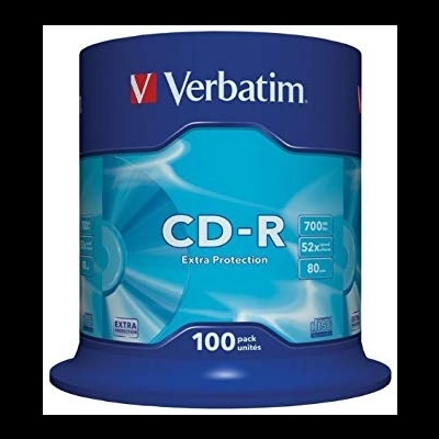 Embalagem de 100 CD-R Verbatim azul e transparente