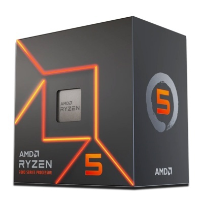 Caixa preta do processador AMD Ryzen 5 série 7000 com detalhes em laranja