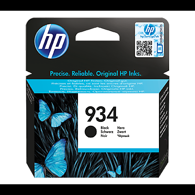 Embalagem de cartucho de tinta HP 934 preto com borboletas azuis