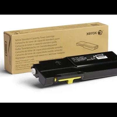 Cartucho de toner Xerox amarelo com embalagem castanha e texto multilingue