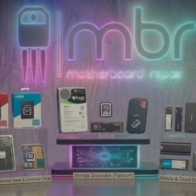 Mostruário de dispositivos de armazenamento de dados em prateleiras com iluminação neon com logo mbr motherboard repair no fundo