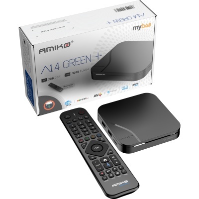 Descodificador preto Amiko A14 Green+ com telecomando e caixa branca com texto