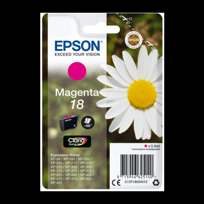 Cartucho de tinta Epson Magenta 18 para impressoras Expression Home com embalagem branca e imagem de flor