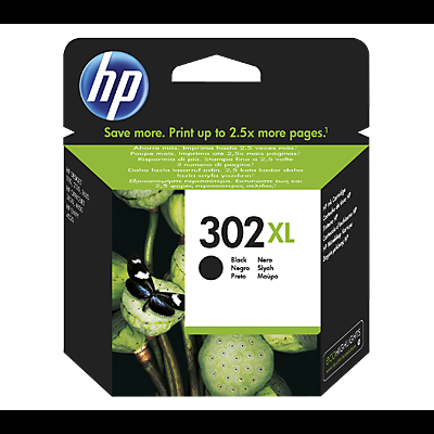 Cartucho de tinta HP 302 XL preto em embalagem preta e verde com imagem de plantas