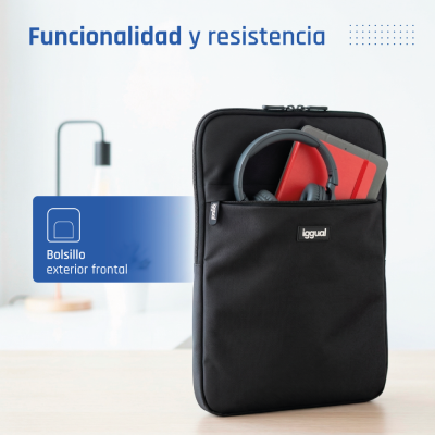 Mala para portátil preta com bolso exterior frontal e acessórios no bolso