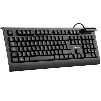 Teclado informático preto com teclado numérico e cabo USB