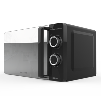 Micro-ondas preto e cinzento com porta de vidro espelhado e controlo rotativo